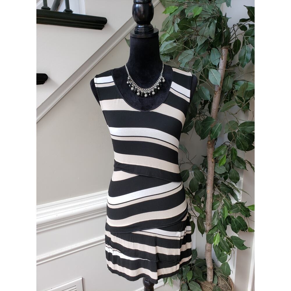 White House Black Market Tunic Top Womens S White Striped Knit‎ Dropped Waist